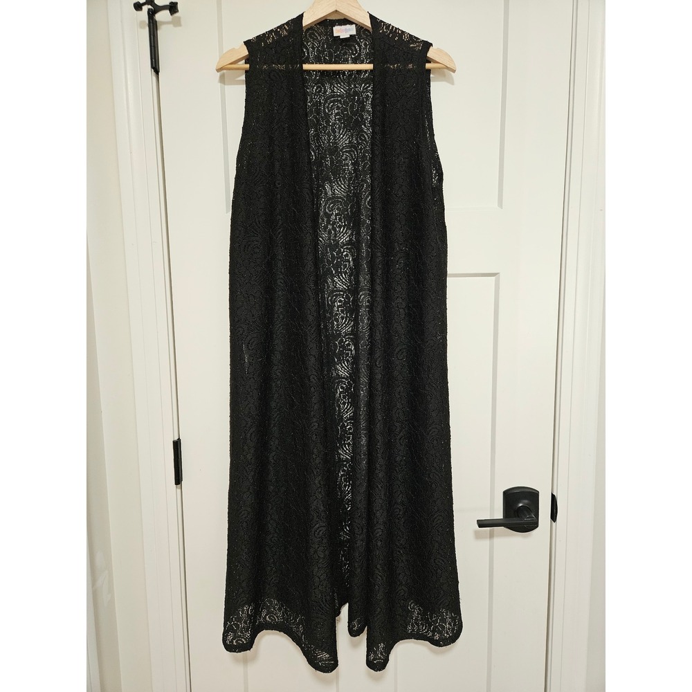 Whimsigoth Gothic Black Lace Duster Vest Longline Floral Witchy Boho L LuLaRoe